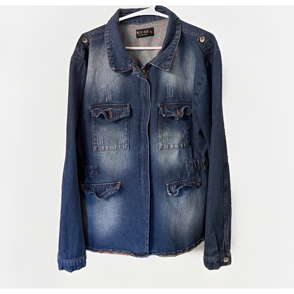 100% Cotton Blue Age Jeans Woman's XL Utility Jean Denim Chore Coat Zip Retro